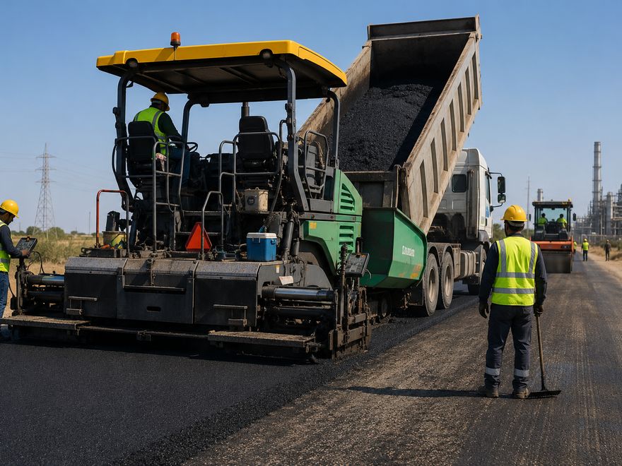 Asphalt paving works beside a refinery