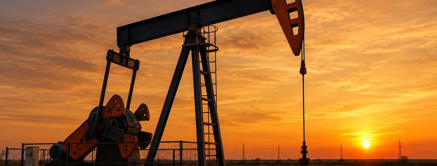 Pump jack at an oil field at sunset