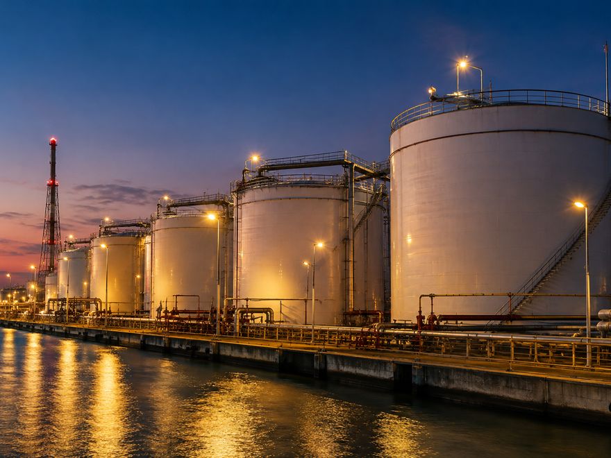 Storage tanks at a waterfront terminal at dusk